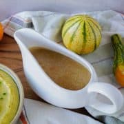 Bone broth gravy in a ceramic sauce boat.