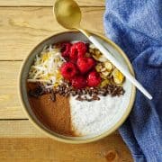 Kefir chia pudding with a spoon on top.